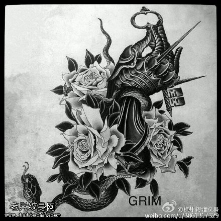 手稿玫瑰花钻戒蛇纹身图案