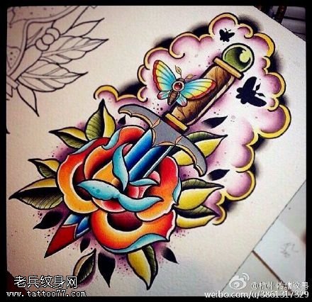 彩绘匕首玫瑰花纹身图案