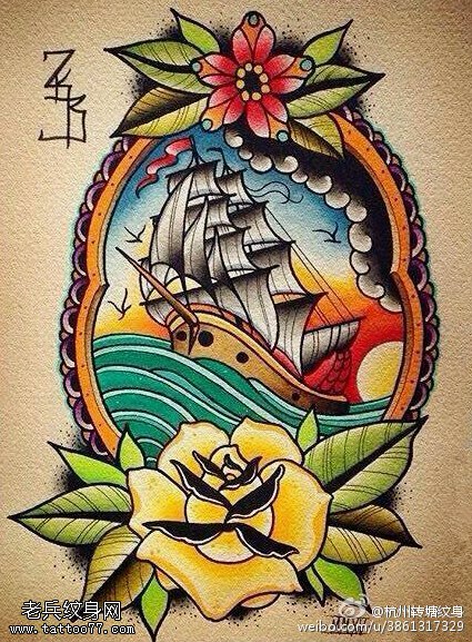 彩绘帆船花卉纹身图案