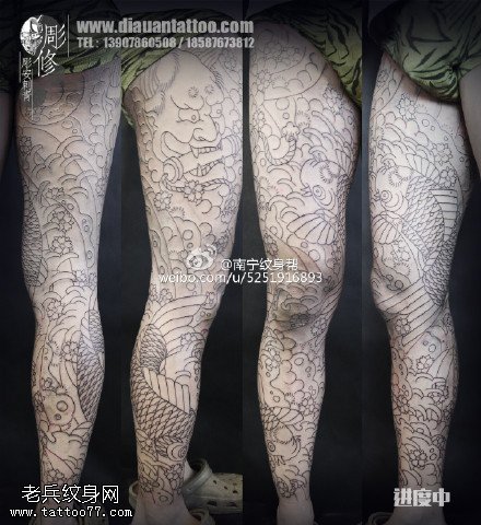 经典点刺般若锦鲤大花腿纹身图案