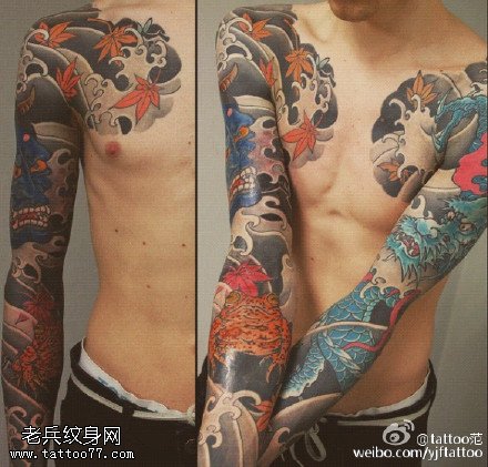 经典枫叶龙大花臂纹身图案