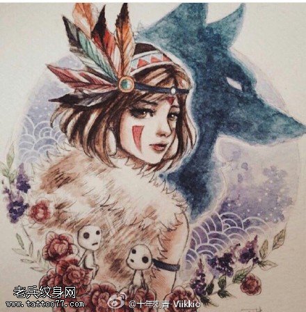 手稿印度安小女孩纹身图案
