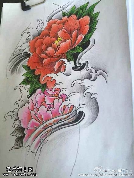 经典彩绘牡丹纹身图案