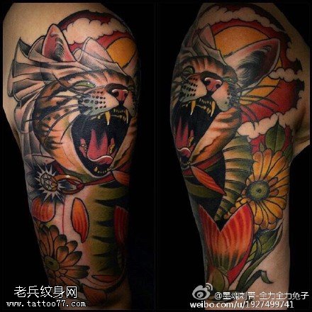 彩绘打哈欠的猫咪纹身图案