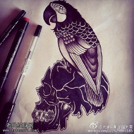 手稿经典的鹦鹉纹身图案