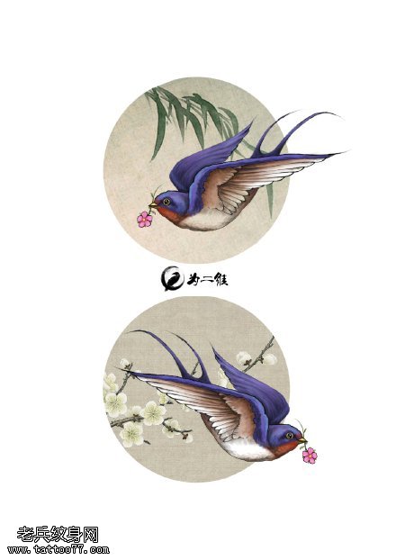 手绘春天的小燕子纹身图案