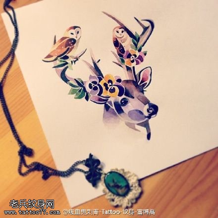 手稿鹿角花卉鸟儿纹身图案