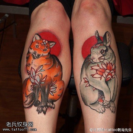彩绘狐狸和兔子纹身图案