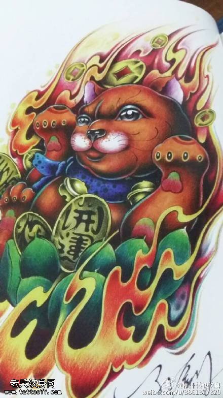 手稿霸气招财猫纹身图案
