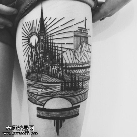 大腿上的城市纹身图案