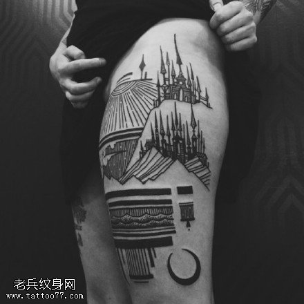 大腿上城堡图腾纹身图案