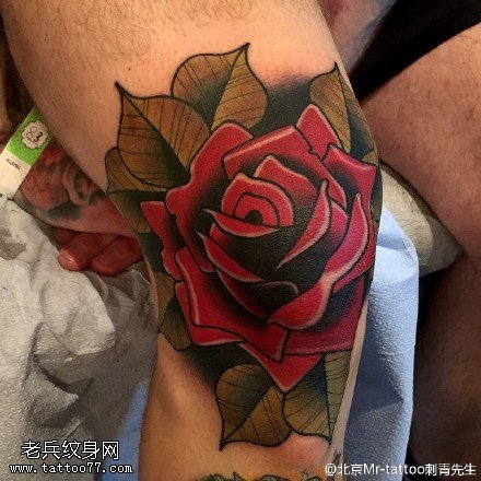 膝盖上的玫瑰纹身图案