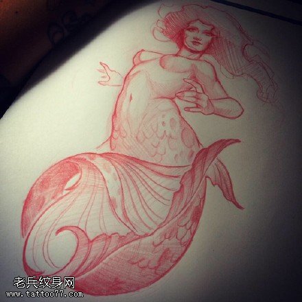 手稿素描美人鱼纹身图案