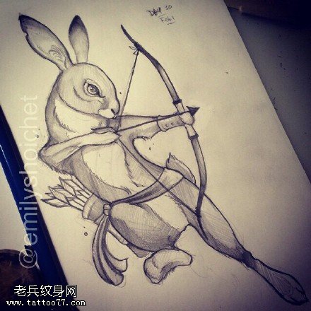 手稿素描射箭的小兔子纹身图案