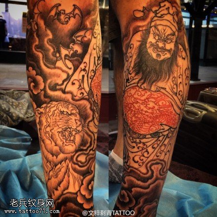 小腿经典钟馗佛魔纹身图案