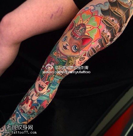 彩绘招财猫雷峰塔纹身图案