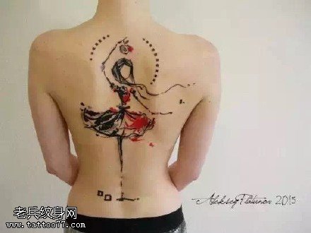 背部点刺芭蕾舞少女纹身图案