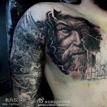 肩膀经典的风景人物纹身图案