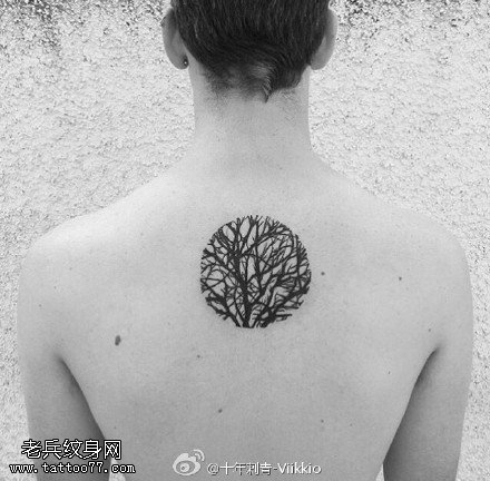 背部圆形树干纹身图案