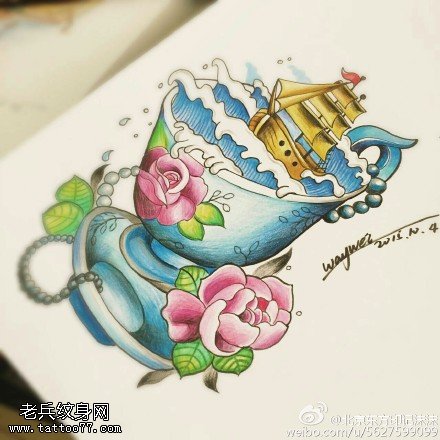 彩绘花瓶里的帆船纹身图案
