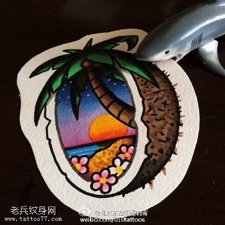 彩绘椰子壳里的风景纹身图案