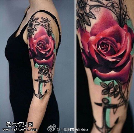 肩膀玫瑰船锚纹身图案