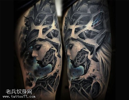 腿部机械女纹身图案