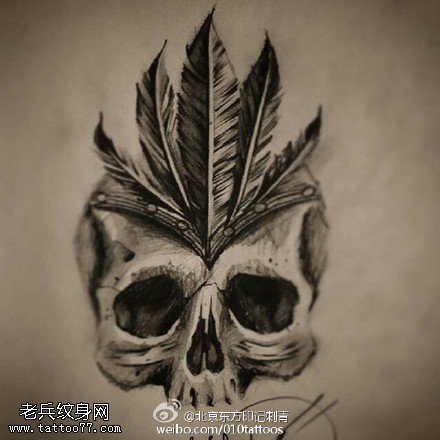 背部骷髅羽毛纹身图案
