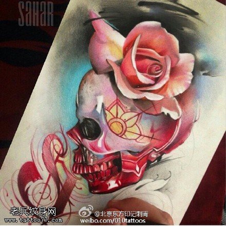 手稿素描骷髅音符花卉纹身图案