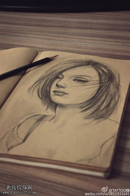 手稿素描美女纹身图案