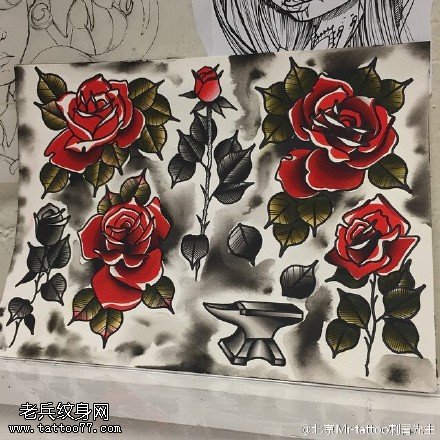 手稿荆棘玫瑰纹身图案