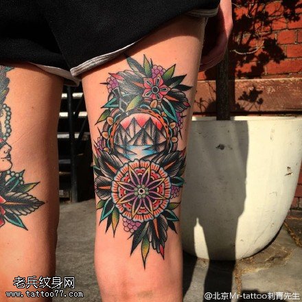 大腿彩绘梵花山丘纹身图案