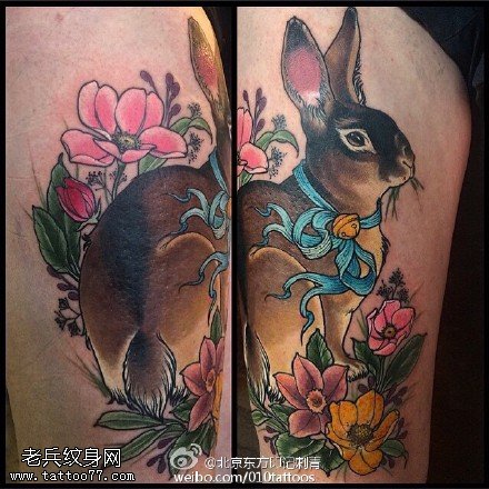 肩膀漂亮的花卉兔子纹身图案