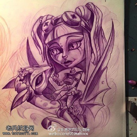 手稿素描的美女仙子纹身图案