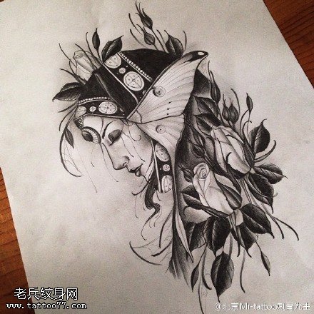 手稿花卉美女纹身图案