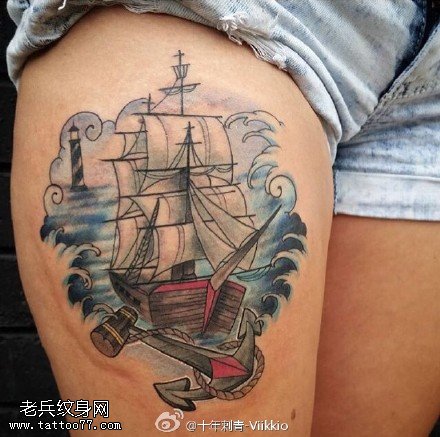 大腿上海浪帆船纹身图案