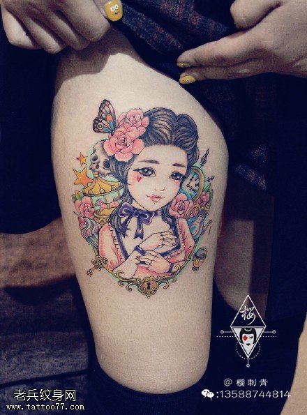 大腿上的骷髅美女纹身图案
