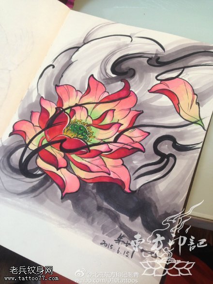 手稿水墨风莲花纹身图案