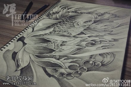 手稿素描锦鲤纹身图案