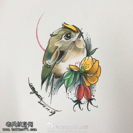 手绘可爱的鸟儿纹身图案