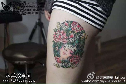 大腿的玫瑰花卉纹身图案