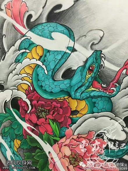 手稿蛇牡丹纹身图案