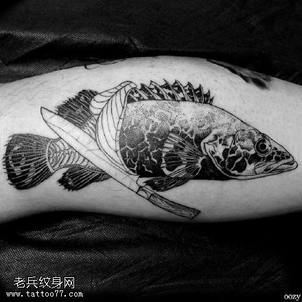 小腿的鱼片纹身图案