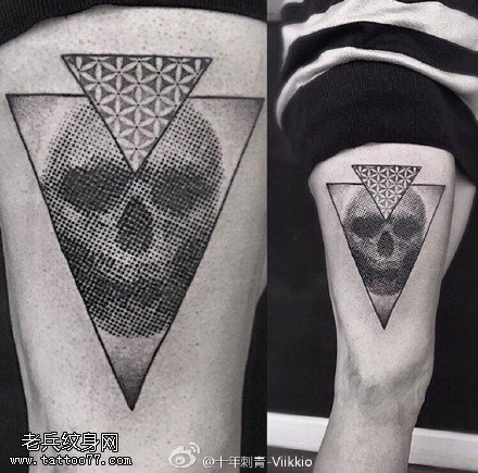大腿三角点刺骷髅纹身图案
