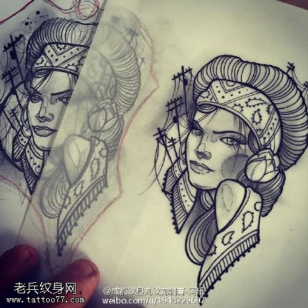 手稿素描美女纹身图案