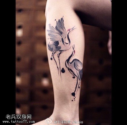 小腿上的丹顶鹤纹身图案