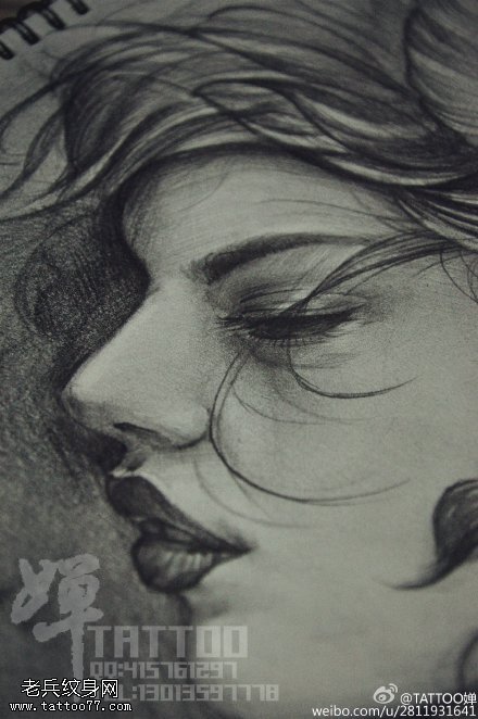 经典素描美女纹身图案