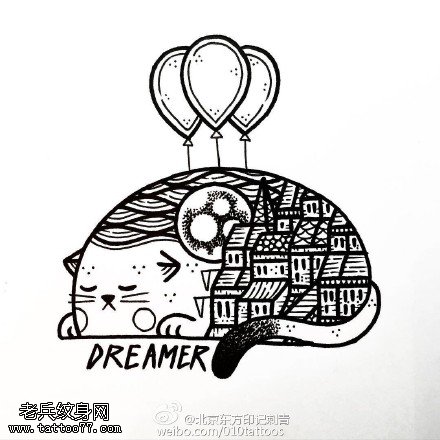 手稿线条猫咪纹身图案