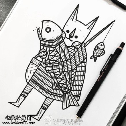 手稿爱吃鱼的猫咪纹身图案