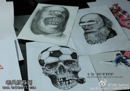 叼烟斗的骷髅纹身图案